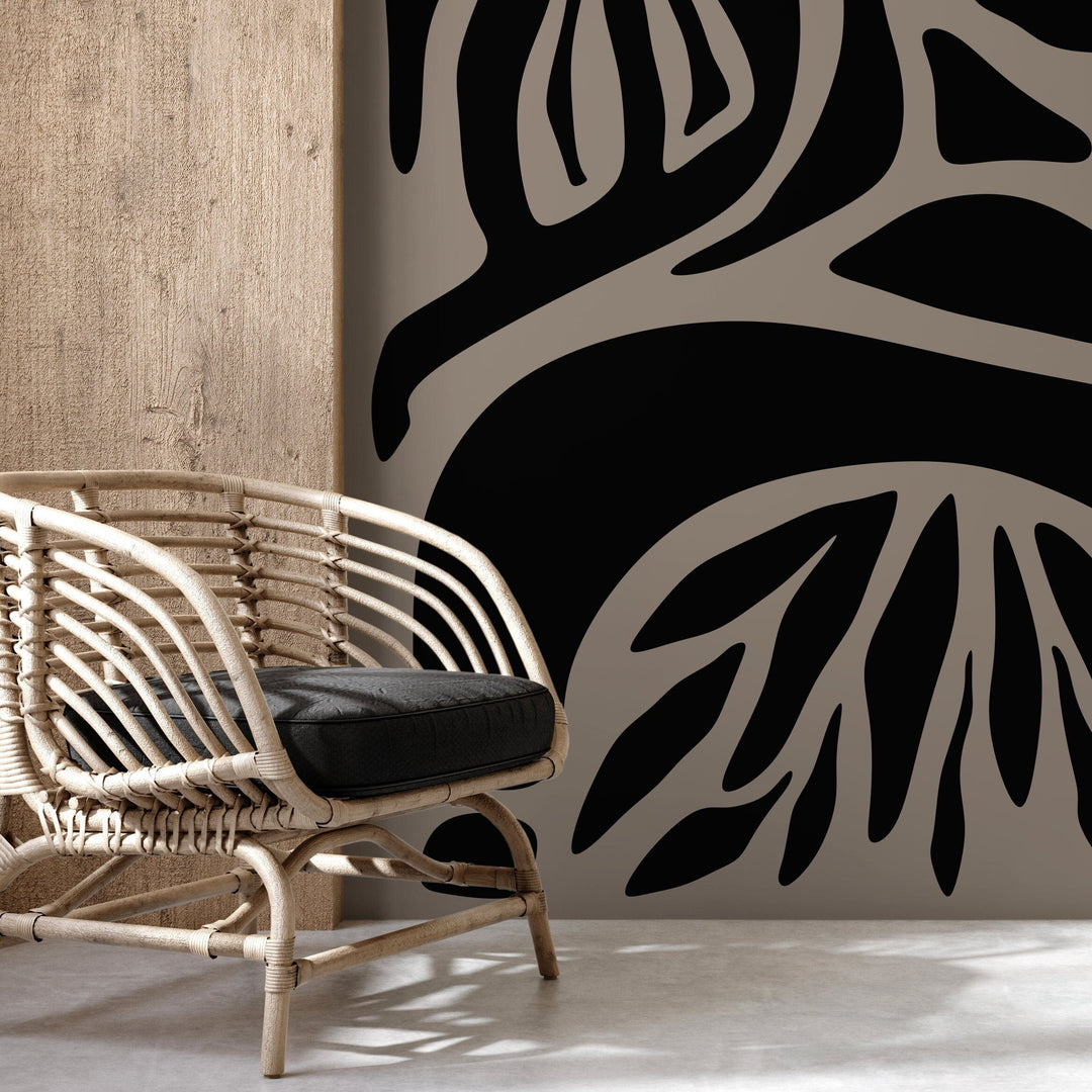 Abstract Wallpaper with Bold Botanical Forms in Black and Taupe - D634