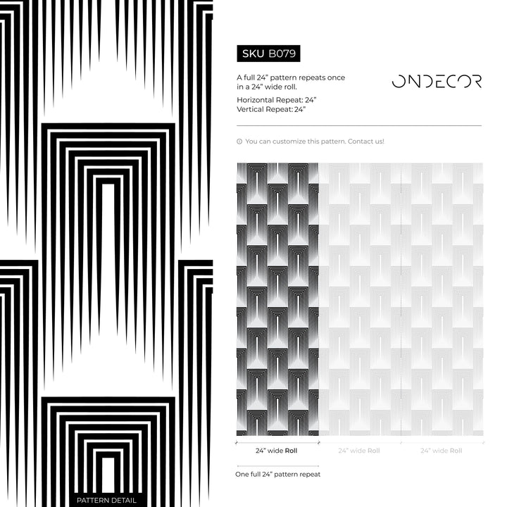 Art Deco Wallpaper with a Linear Arch Motif in Black and White - B079