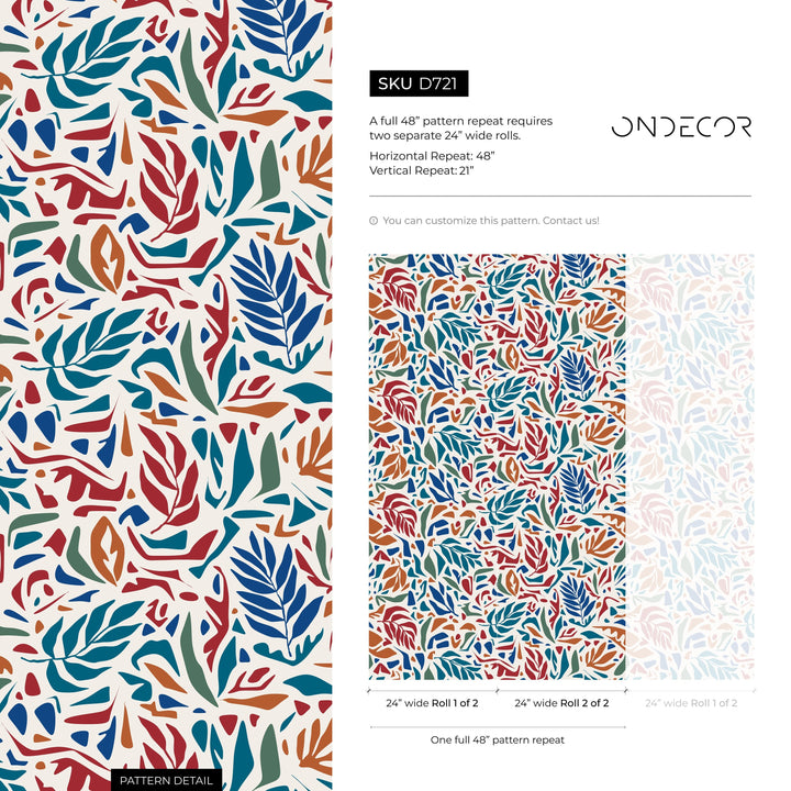 Abstract Wallpaper with Stylized Leaf Cutouts in Red, Blue, and Orange - D721