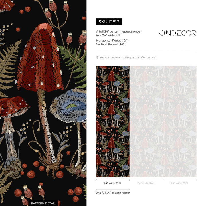Mushroom Wallpaper Featuring Red and Blue Toadstools in Black and Green - D813