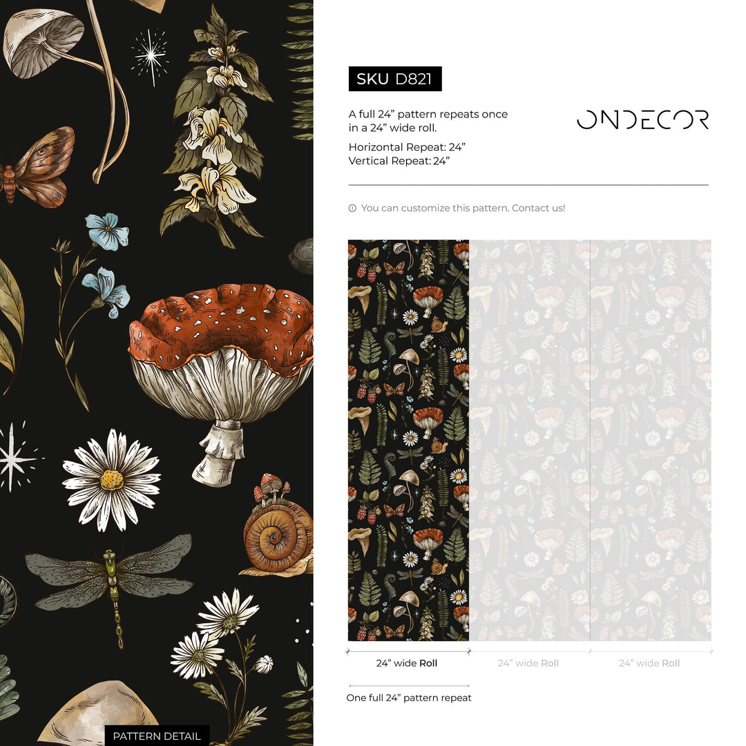 Mushroom Wallpaper with Woodland Botanicals in Black, Brown, and Green - D821