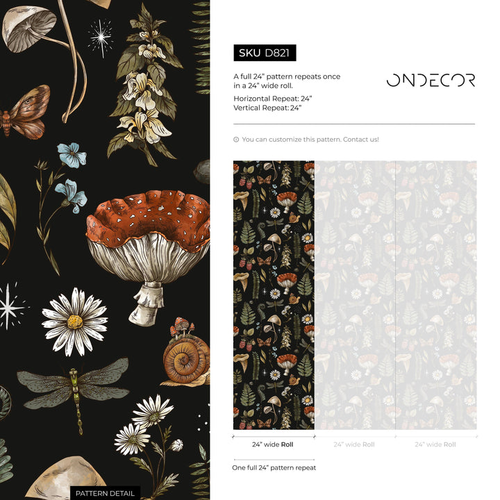 Mushroom Wallpaper with Woodland Botanicals in Black, Brown, and Green - D821