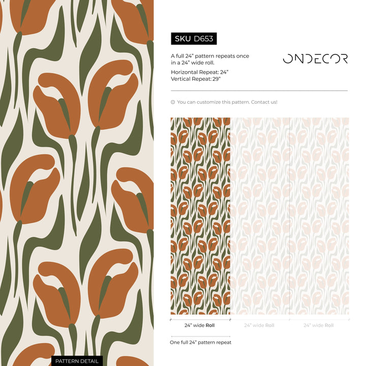 Floral Wallpaper Featuring Stylized Tulips in Terracotta and Olive Green - D653