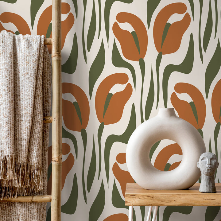 Floral Wallpaper Featuring Stylized Tulips in Terracotta and Olive Green - D653