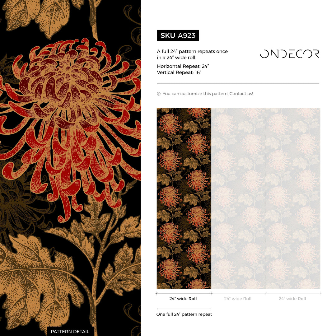 Floral Wallpaper Featuring Hand-Drawn Chrysanthemums in Black, Red, and Gold - A923
