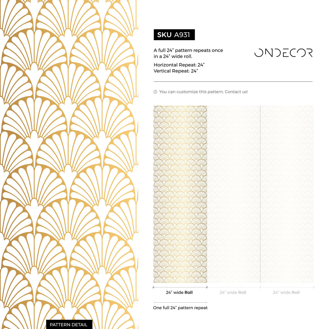 Art Deco Wallpaper with a Geometric Fan Pattern in Gold and White - A931