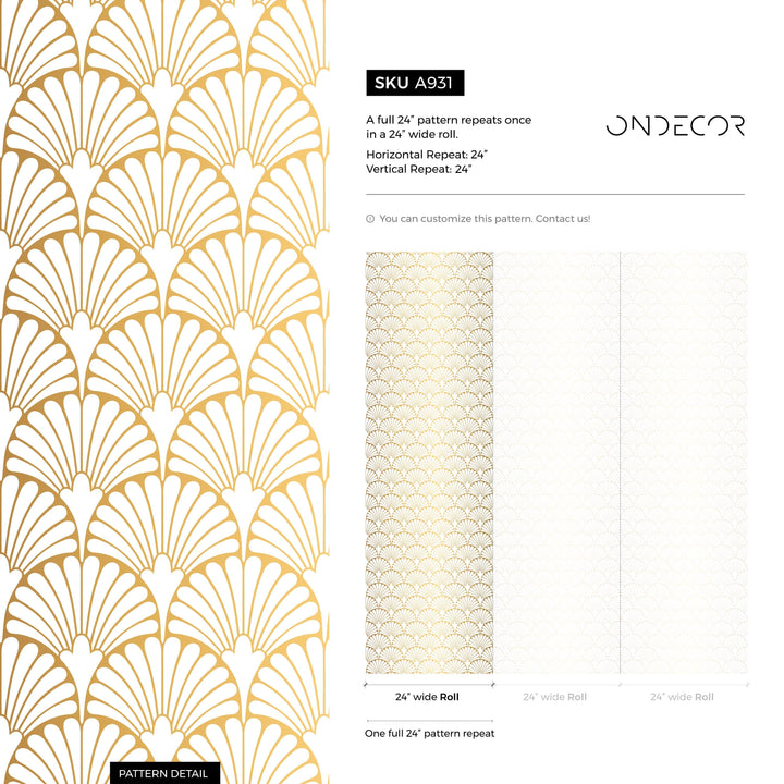 Art Deco Wallpaper with a Geometric Fan Pattern in Gold and White - A931