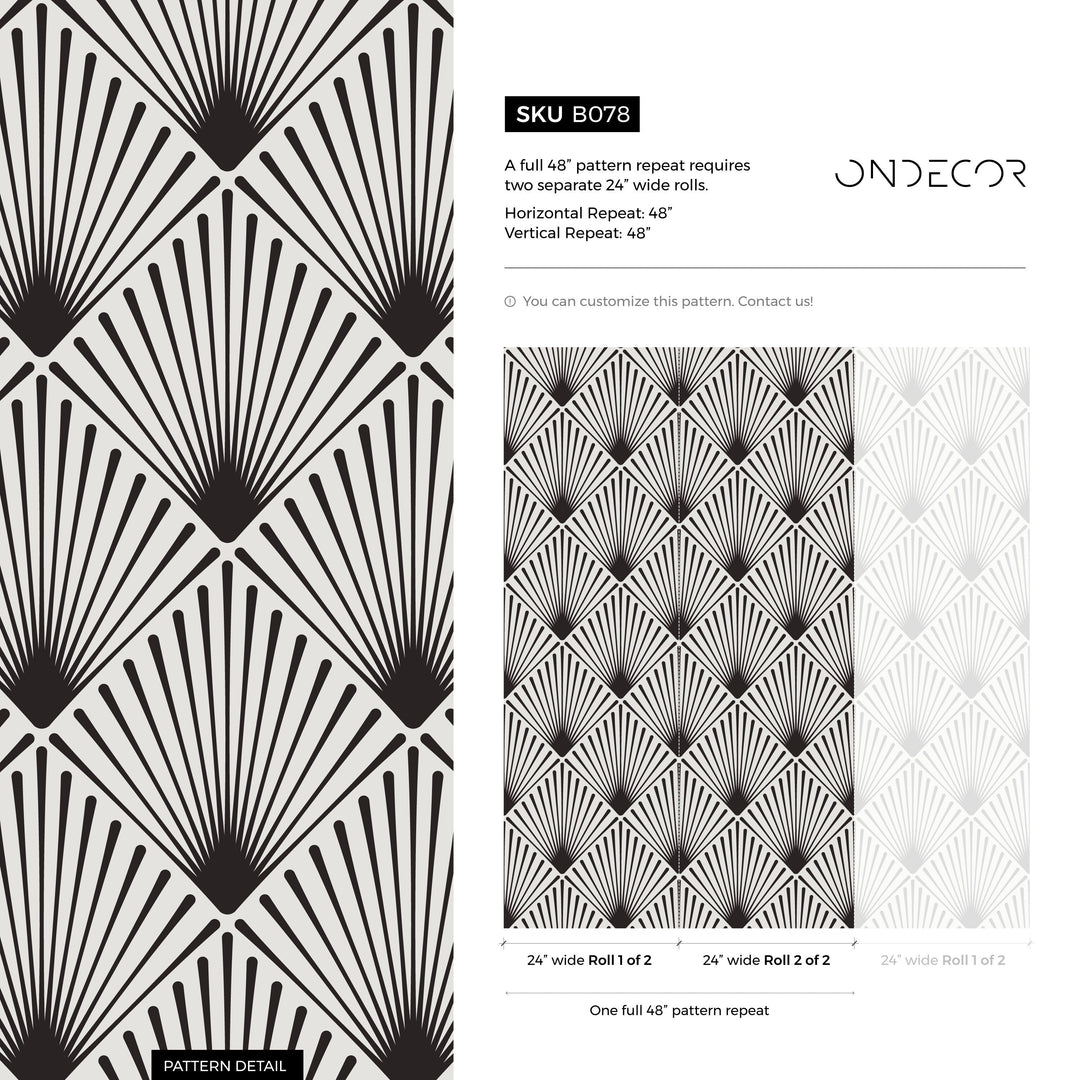 Art Deco Wallpaper with a Radiating Fan Motif in Black and Gray - B078