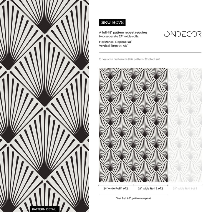 Art Deco Wallpaper with a Radiating Fan Motif in Black and Gray - B078