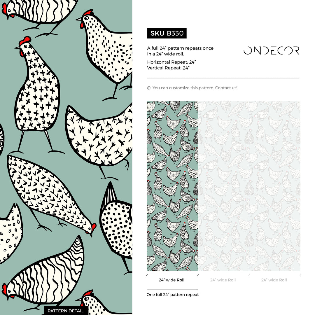 Animal Wallpaper Featuring Stylized Chickens in Sage Green, Black, and Red - B330