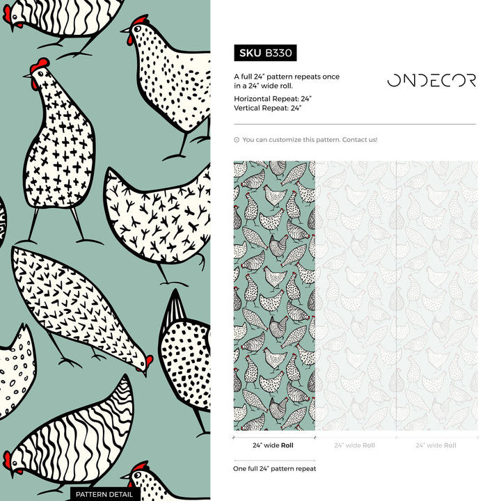 Animal Wallpaper Featuring Stylized Chickens in Sage Green, Black, and Red - B330