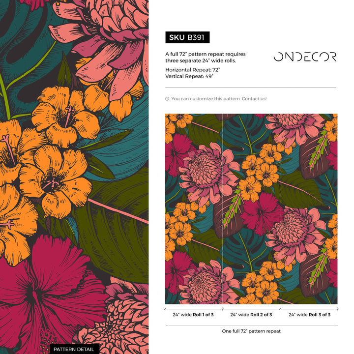 Botanical Wallpaper with Tropical Flowers and Leaves in Pink, Orange, and Teal - B391