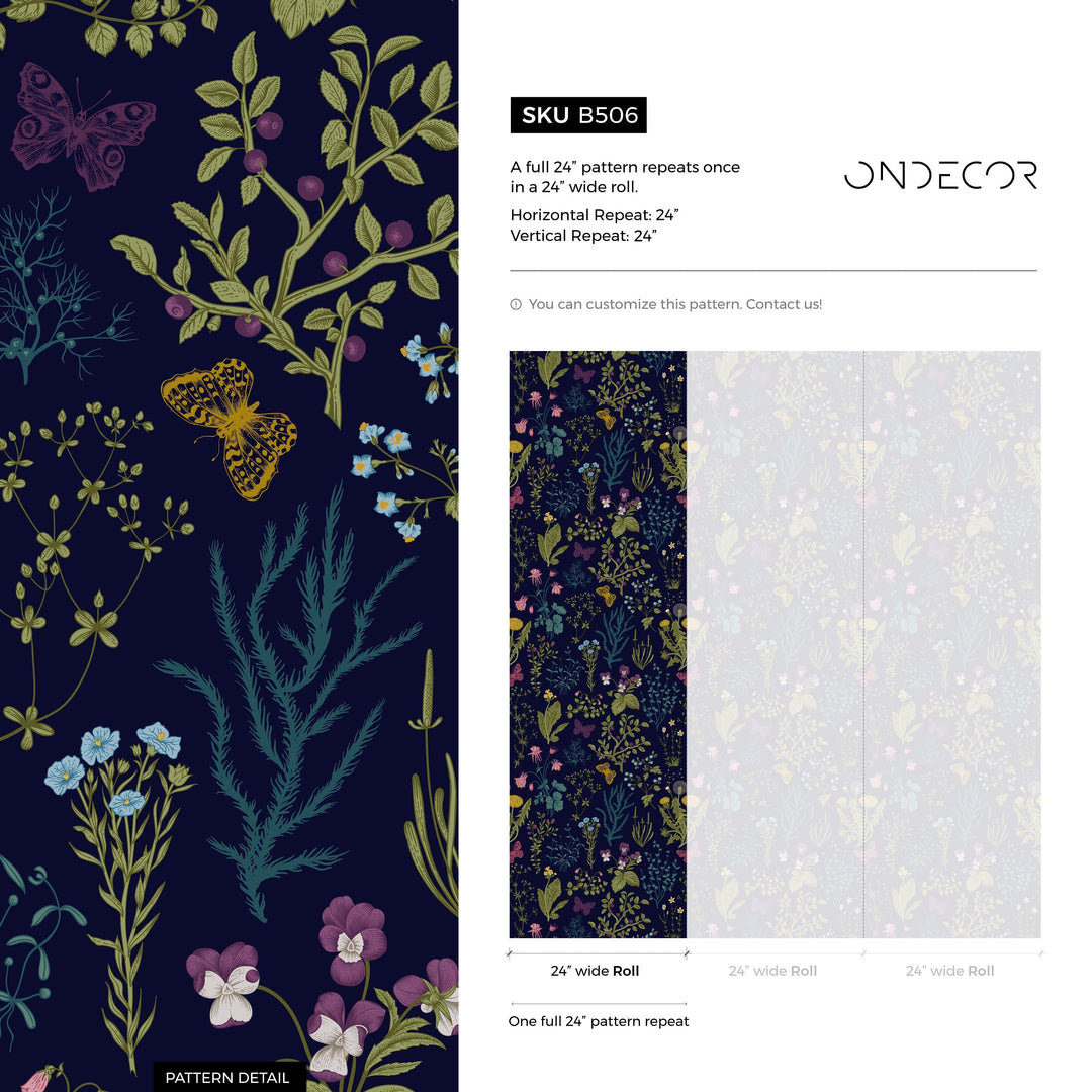 Botanical Wallpaper with Wildflowers and Butterflies in Navy Blue, Yellow, and Pink - B506