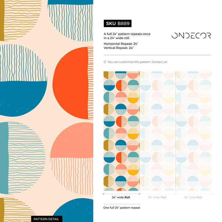 Geometric Wallpaper with Textured Half-Circles in Teal, Yellow, and Pink - B889