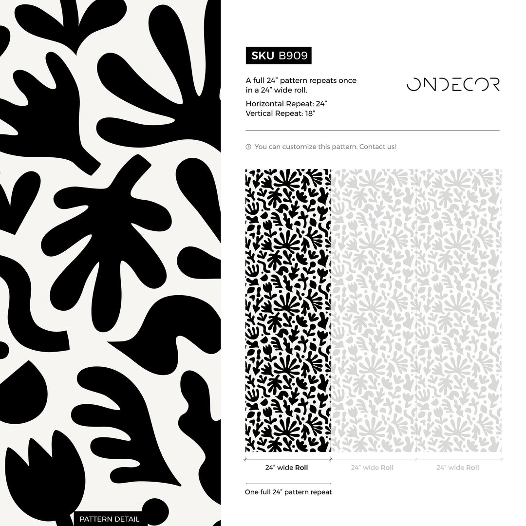 Abstract Wallpaper with Matisse Inspired Cut-Outs in Black and White - B909