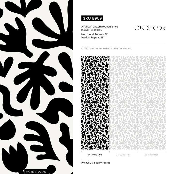 Abstract Wallpaper with Matisse Inspired Cut-Outs in Black and White - B909