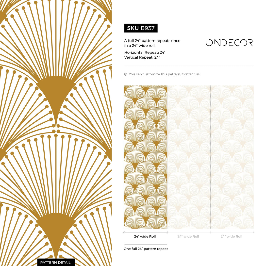 Art Deco Wallpaper with a Geometric Fan Motif in Gold - B937