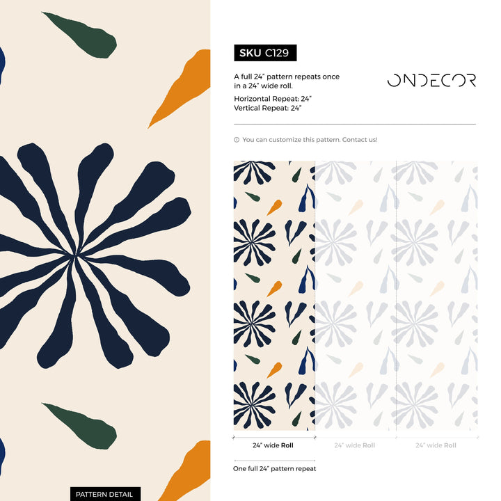 Abstract Floral Wallpaper with Botanical Shapes in Navy Blue, Green, and Orange - C129