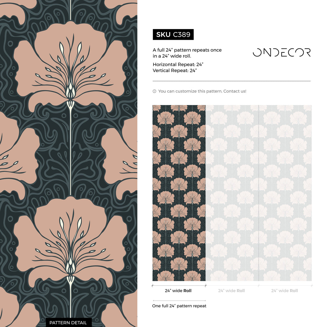 Art Nouveau Wallpaper with a Stylized Floral Motif in Muted Pink and Charcoal - C389