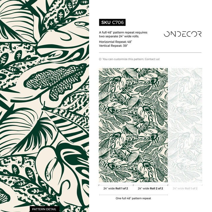 Abstract Wallpaper with a Bold Leaf Motif in Green and Cream - C706