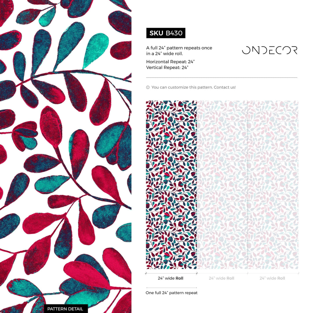 Botanical Wallpaper with Stylized Vines in Red, Teal, and Navy Blue - B430