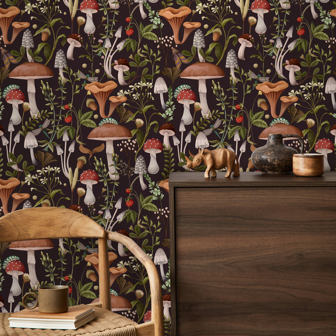 Botanical Wallpaper with a Dark Mushroom Forest Motif in Brown, Red, and Green - D816