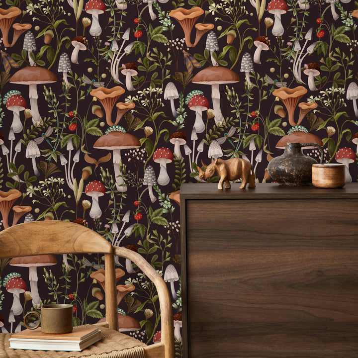 Botanical Wallpaper with a Dark Mushroom Forest Motif in Brown, Red, and Green - D816
