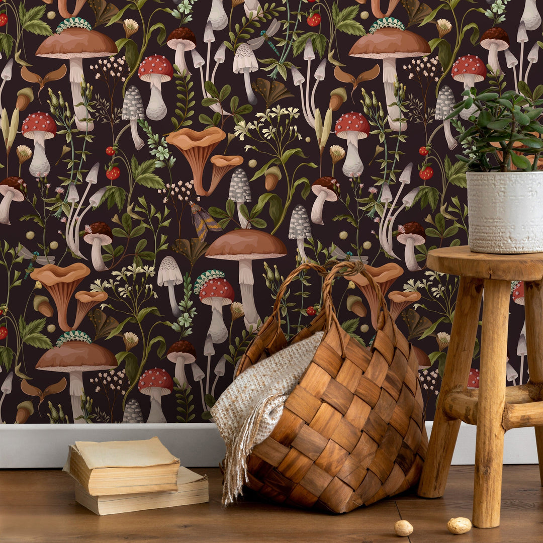 Botanical Wallpaper with a Dark Mushroom Forest Motif in Brown, Red, and Green - D816