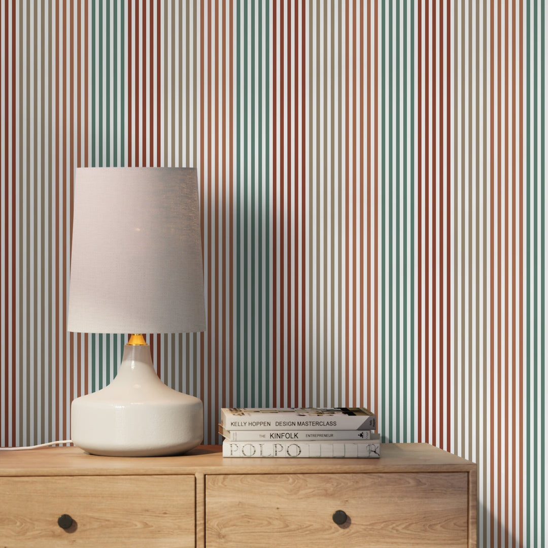 Geometric Wallpaper with Vertical Stripes in Red, Green, and Brown - D754