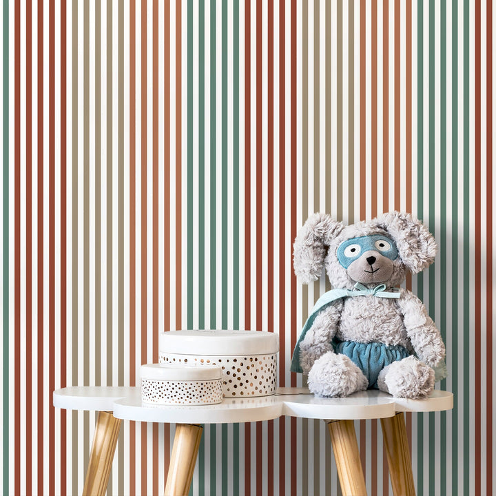 Geometric Wallpaper with Vertical Stripes in Red, Green, and Brown - D754
