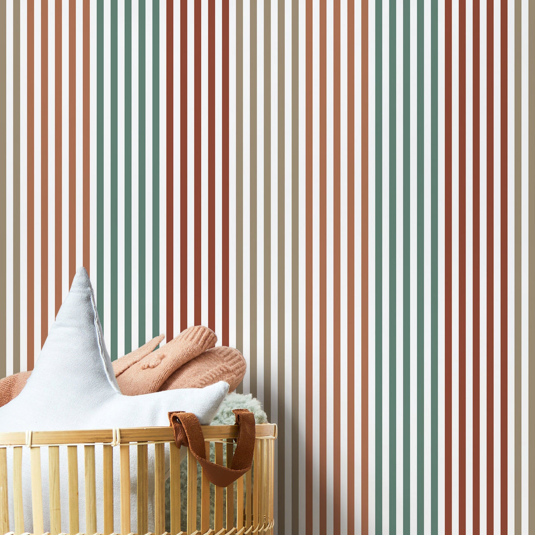 Geometric Wallpaper with Vertical Stripes in Red, Green, and Brown - D754