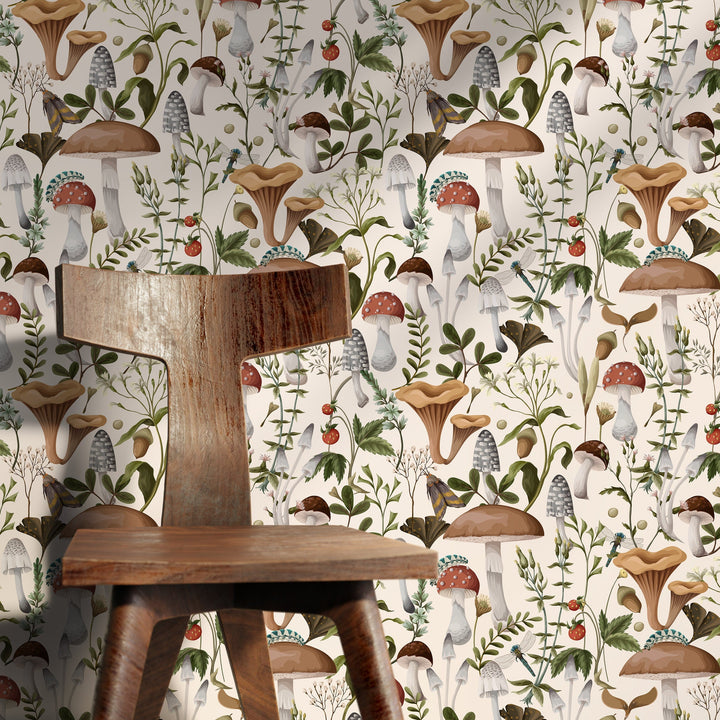 Botanical Wallpaper with a Vintage Mushroom and Insect Motif in Brown, Green, and Red - D817