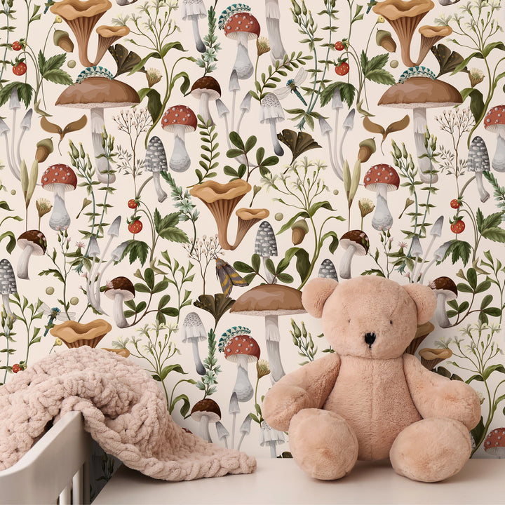 Botanical Wallpaper with a Vintage Mushroom and Insect Motif in Brown, Green, and Red - D817