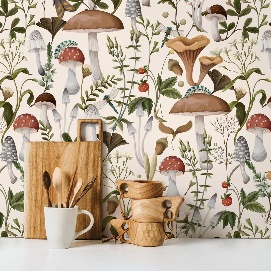 Botanical Wallpaper with a Vintage Mushroom and Insect Motif in Brown, Green, and Red - D817