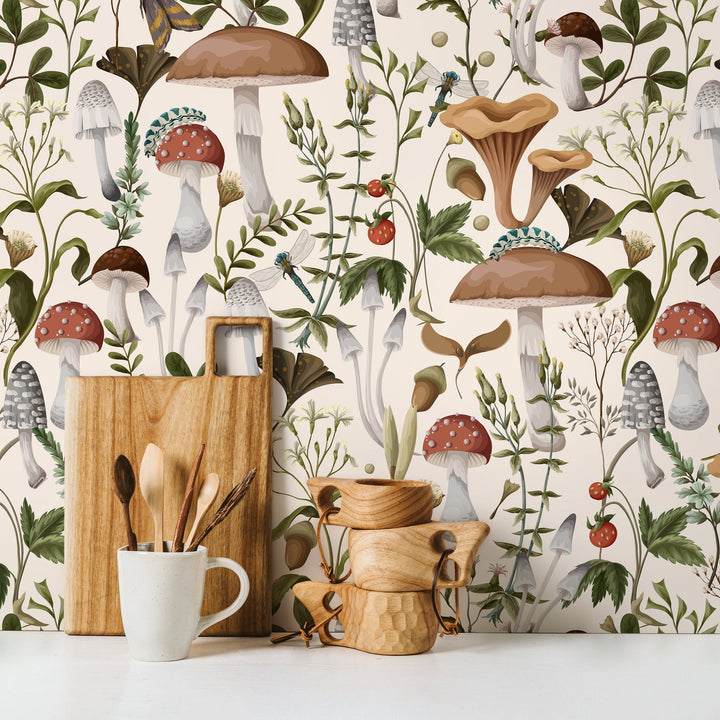 Botanical Wallpaper with a Vintage Mushroom and Insect Motif in Brown, Green, and Red - D817