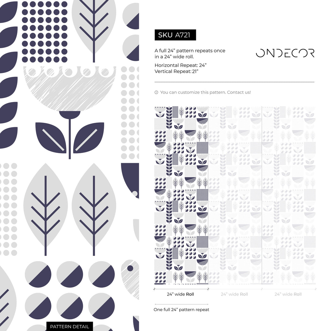 Geometric Wallpaper with Scandinavian Botanical Motifs in Navy Blue and Gray - A721