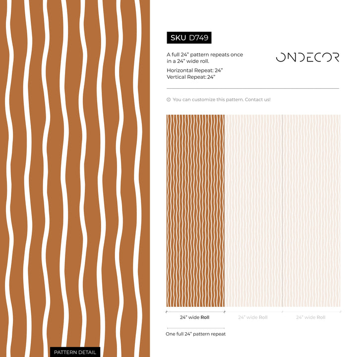 Abstract Wallpaper with Wavy Vertical Lines in Terracotta and White - D749