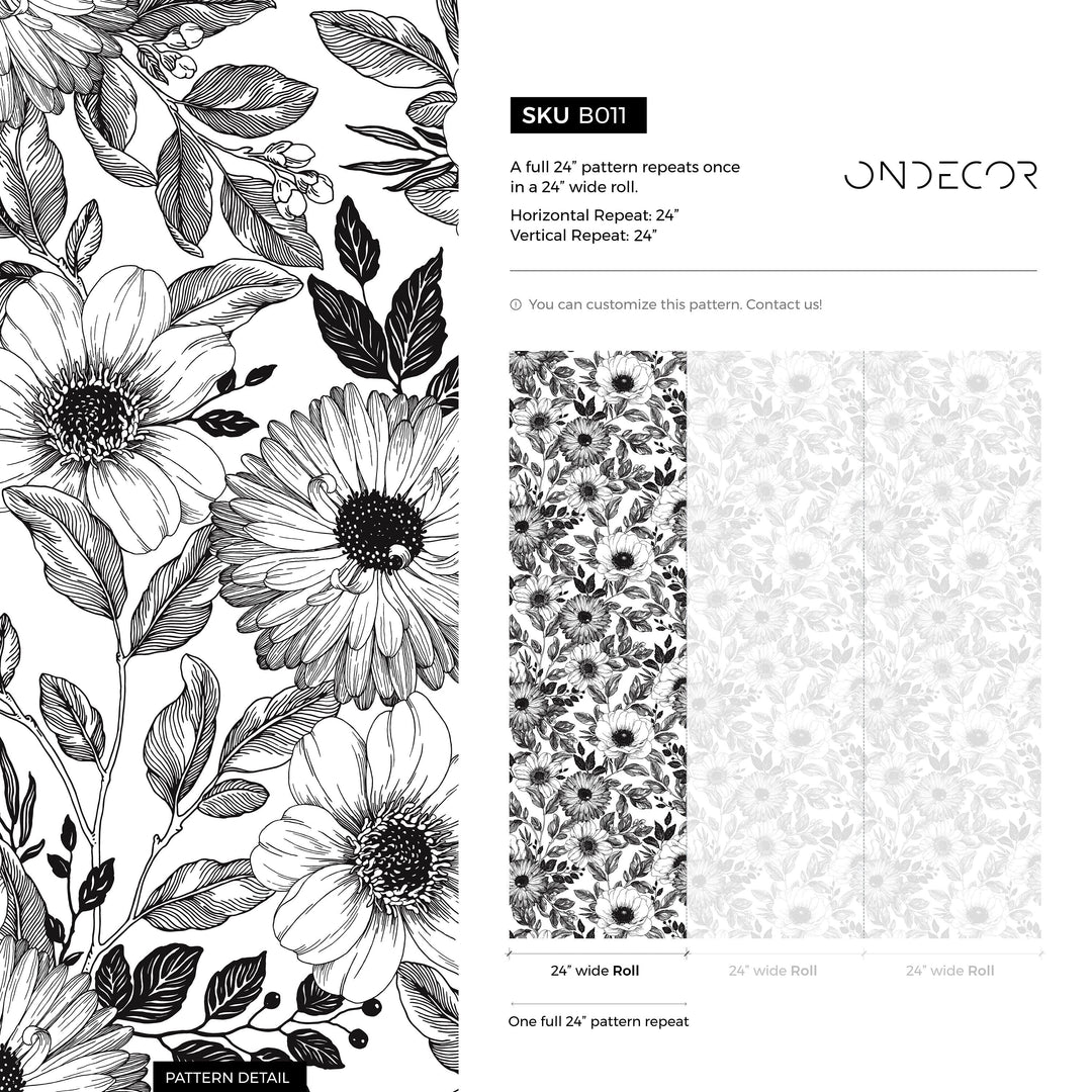 Floral Wallpaper with an Illustrative Anemone Motif in Black and White - B011