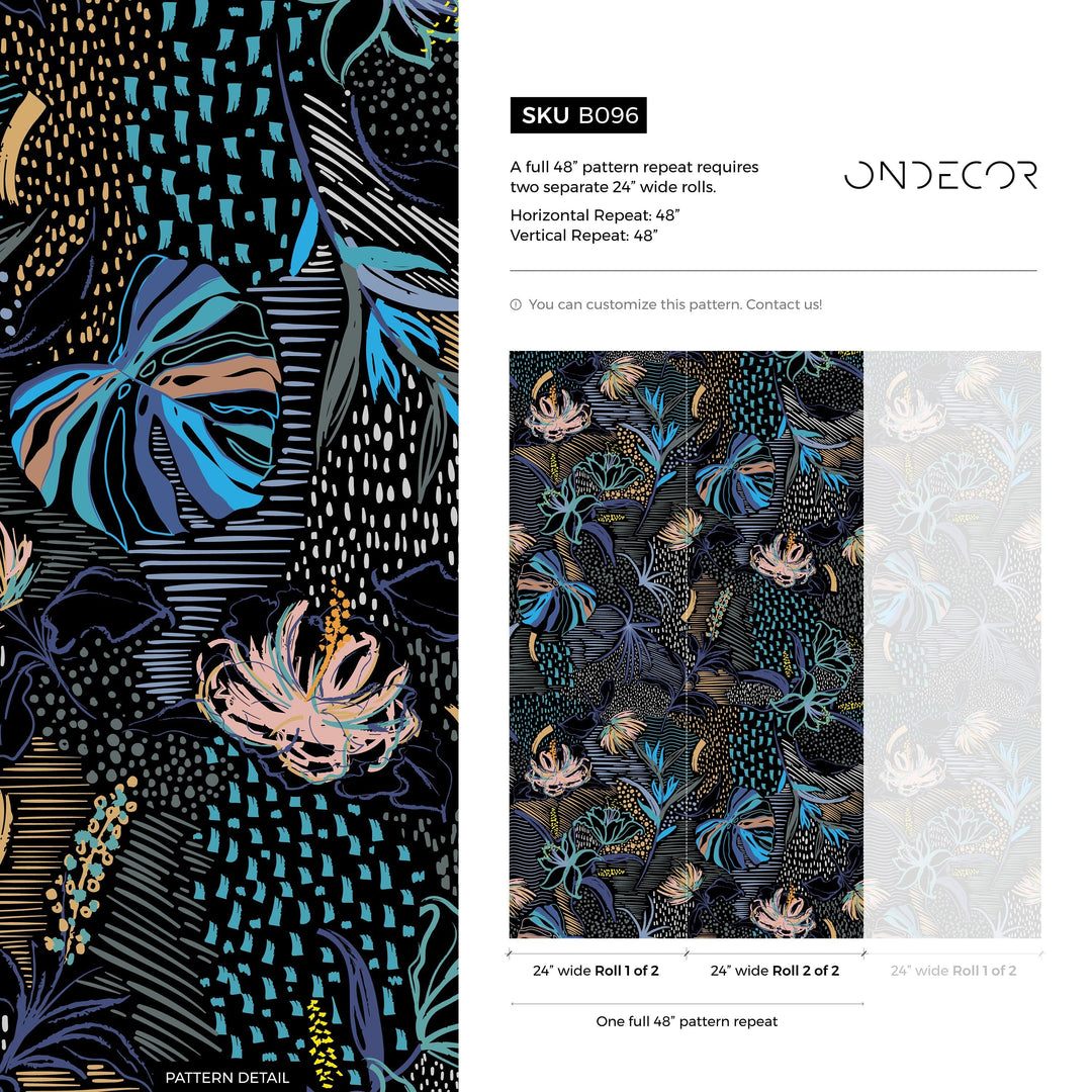 Abstract Wallpaper with Stylized Tropical Florals in Blue, Gold, and Pink - B096
