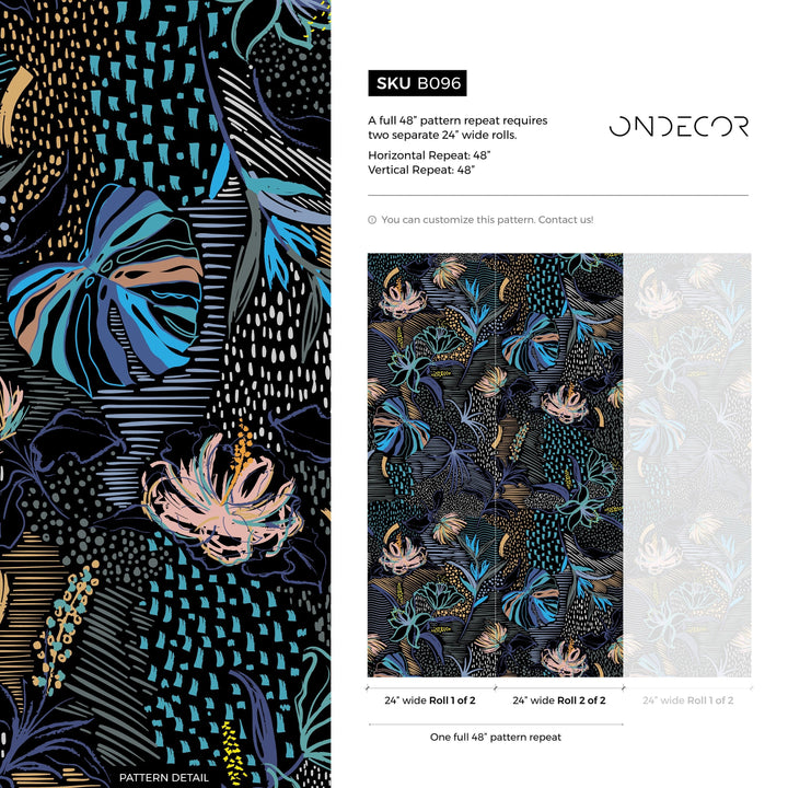 Abstract Wallpaper with Stylized Tropical Florals in Blue, Gold, and Pink - B096