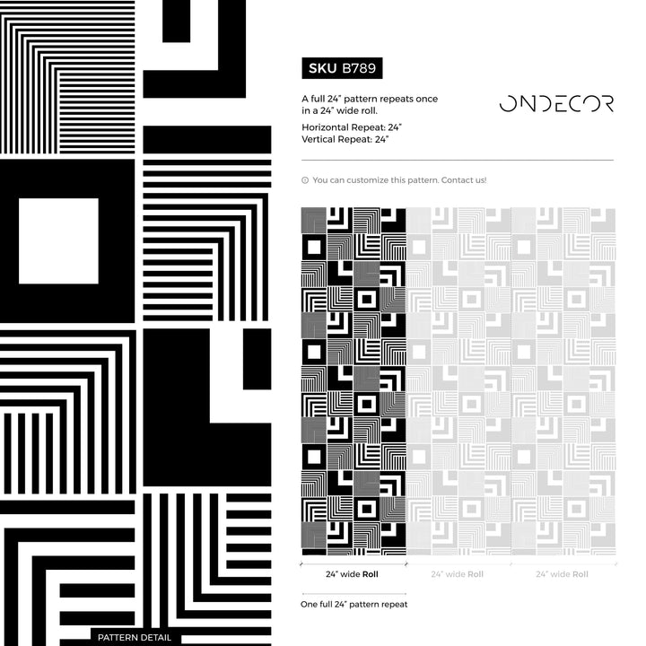Geometric Wallpaper with an Op Art Inspired Square Motif in Black and White - B789