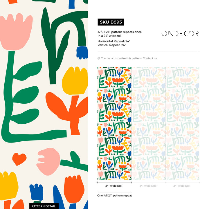 Kids Wallpaper with Abstract Floral Shapes in Green, Orange, and Blue - B895