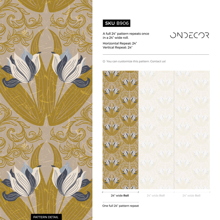 Art Nouveau Wallpaper with a Stylized Tulip Damask in Ochre, Blue, and Taupe - B906
