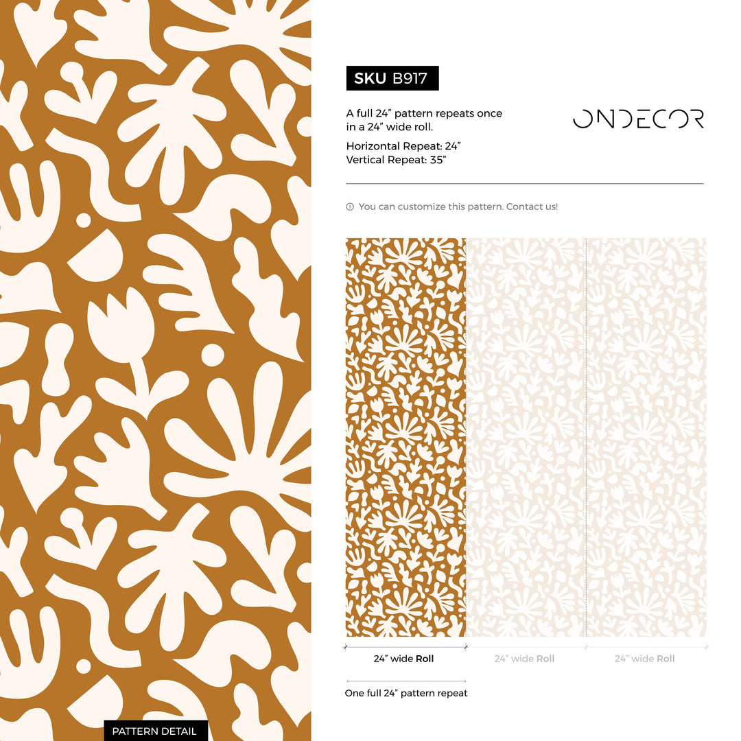 Abstract Wallpaper with Matisse Inspired Botanical Shapes in Ochre and White - B917