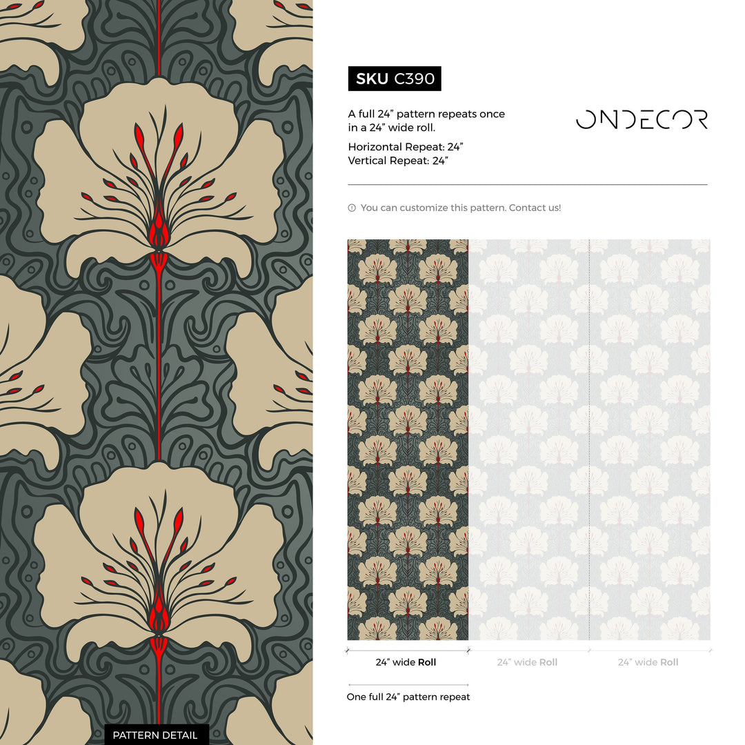 Art Nouveau Wallpaper with Stylized Florals in Teal, Beige, and Red - C390