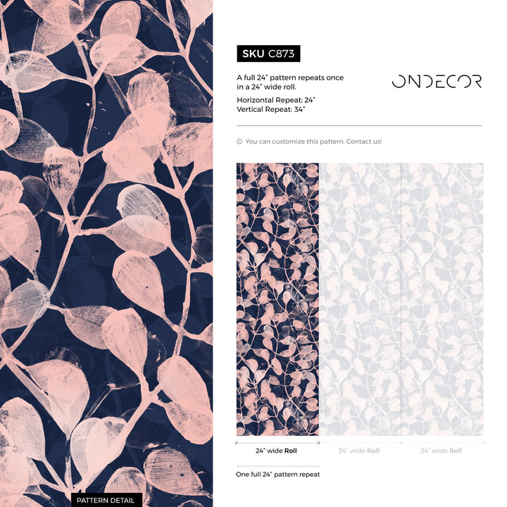 Botanical Wallpaper with a Stamped Leaf Motif in Navy and Pink - C873