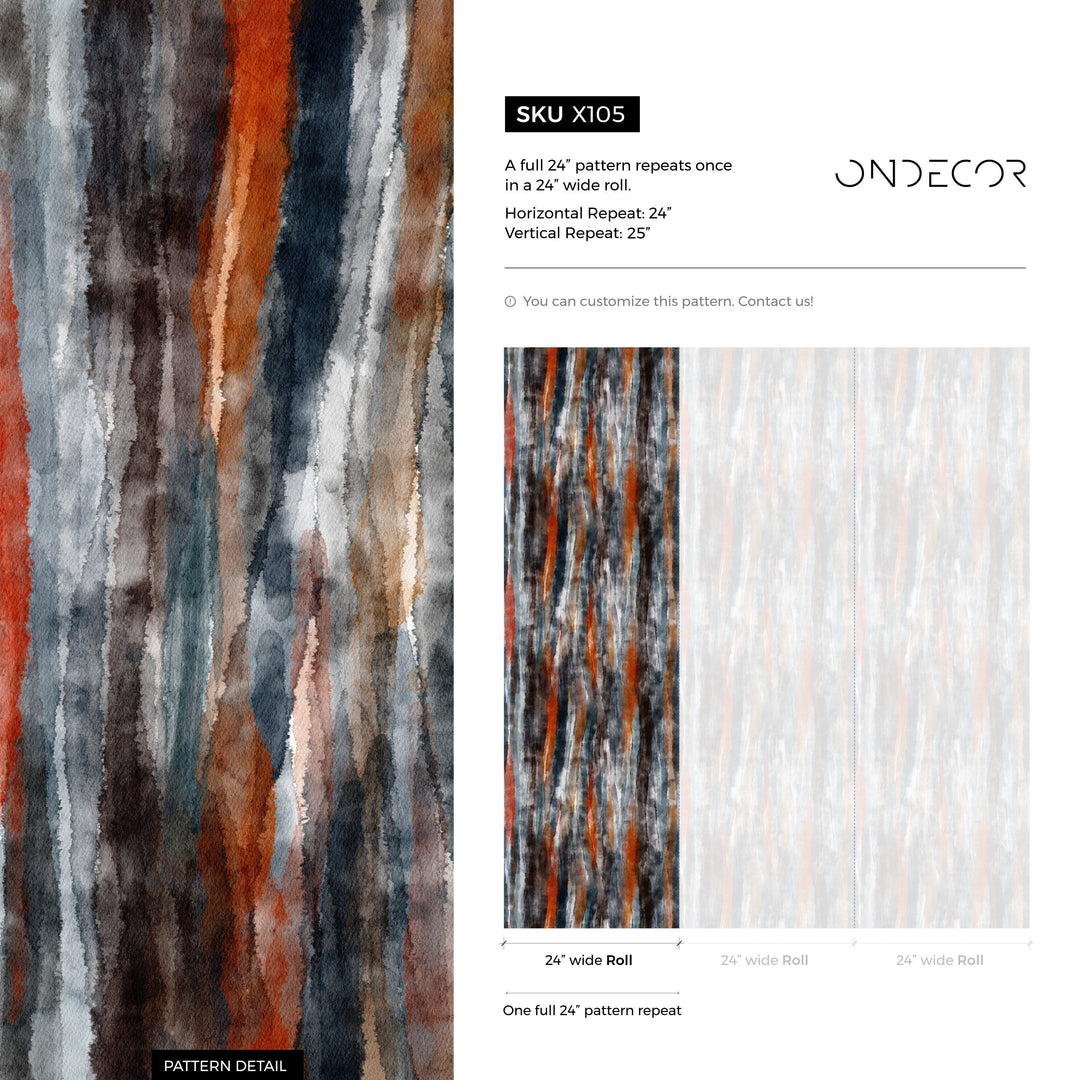 Abstract Wallpaper with Vertical Watercolor Stripes in Gray, Rust, and Brown - X105