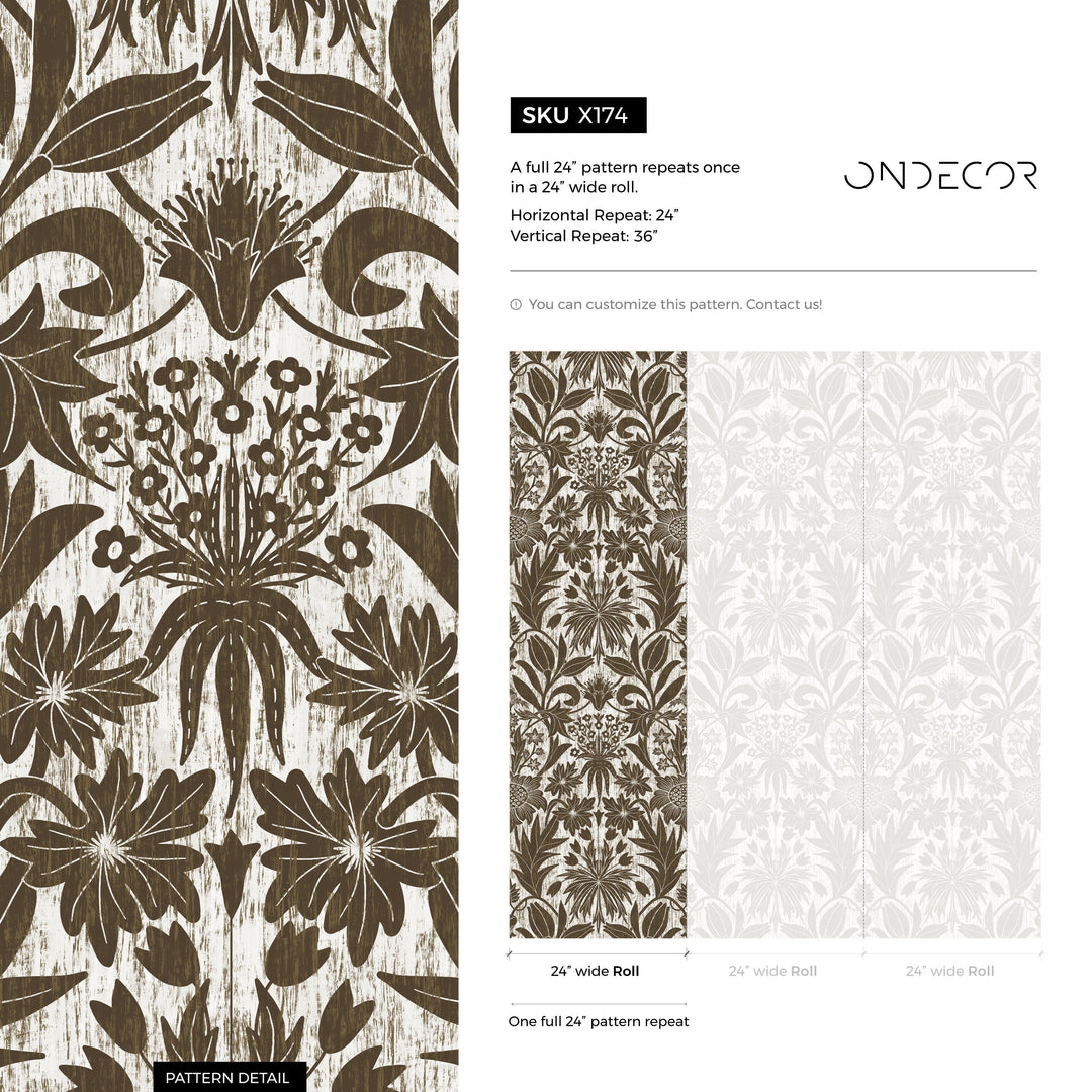 Art Nouveau Wallpaper with Stylized Floral Motifs in Brown and White - X174