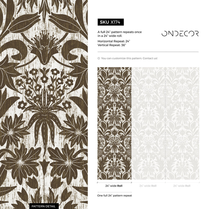 Art Nouveau Wallpaper with Stylized Floral Motifs in Brown and White - X174
