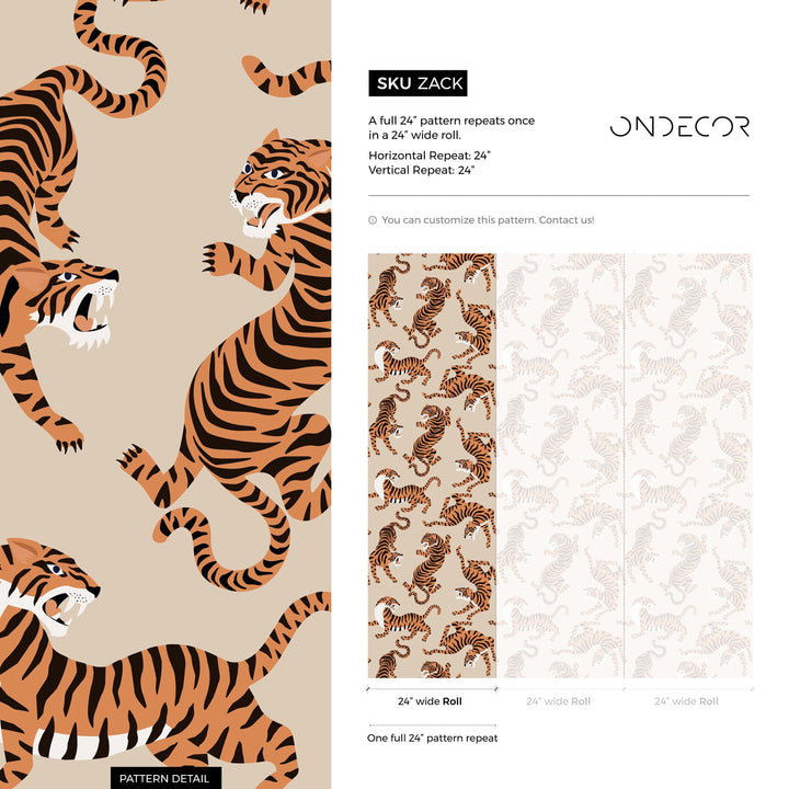 Animal Print Wallpaper Featuring Stylized Tigers in Beige, Orange, and Black - ZACK